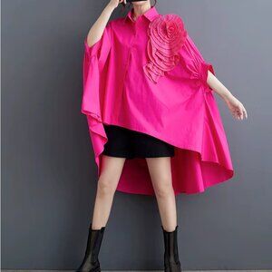 Boho Oversized Flower Accent High Low Tunic Top